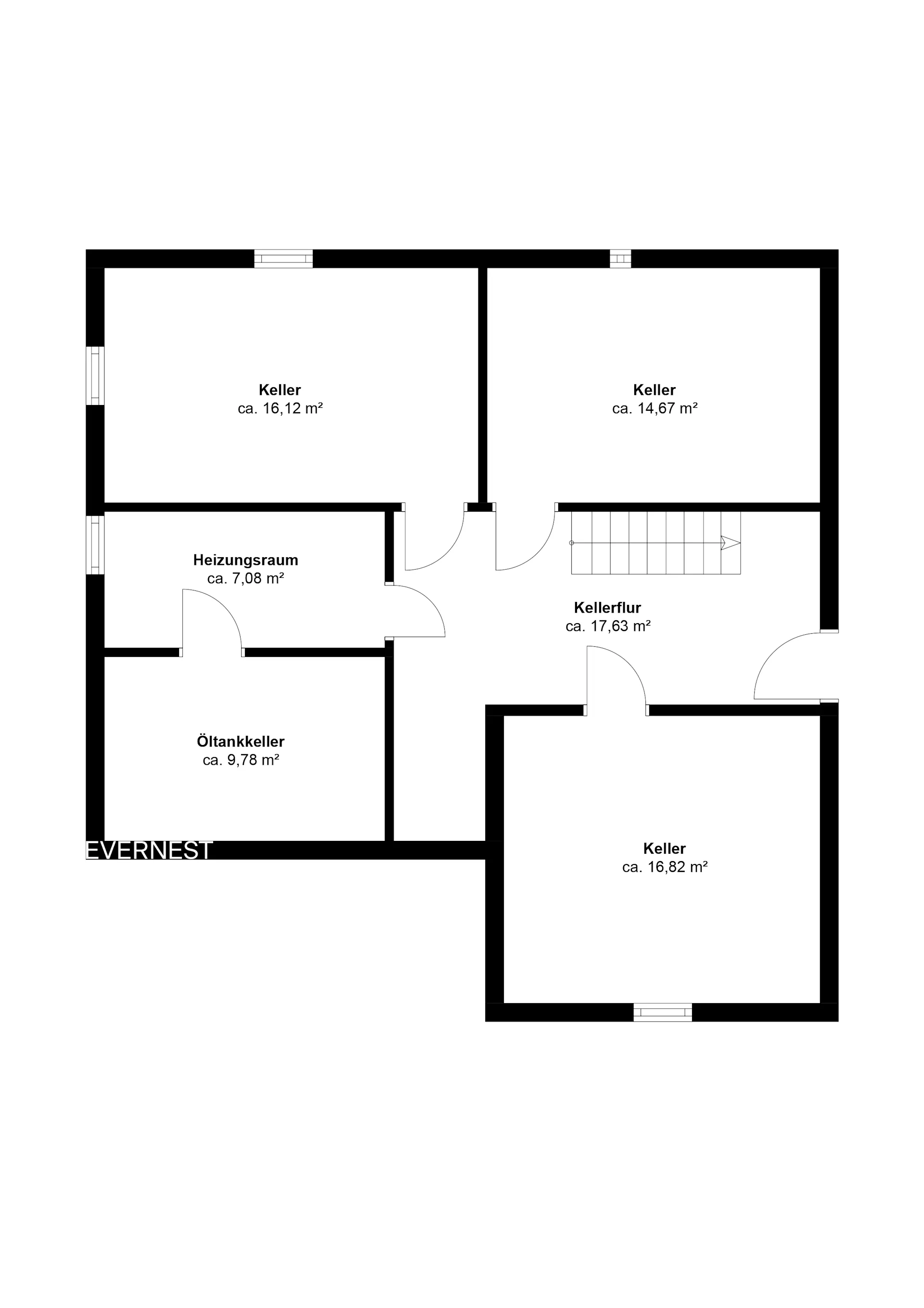 Grundriss eines Kellers mit vier Kellerräumen, Heizungsraum, Öltankkeller und Flur.