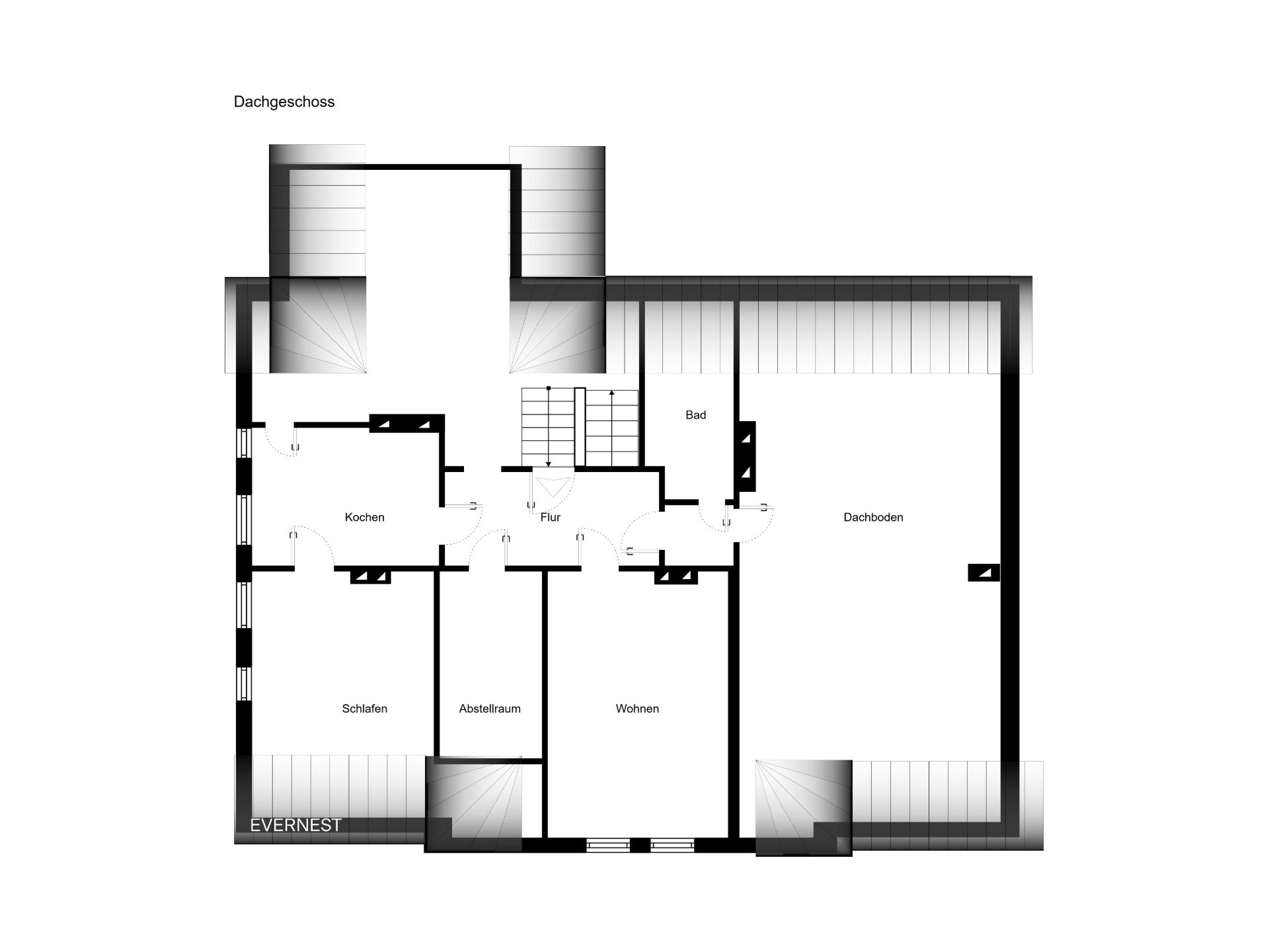 Grundriss eines Dachgeschosses mit Küche, Bad, Schlafen, Wohnen, Abstellraum und Dachboden.