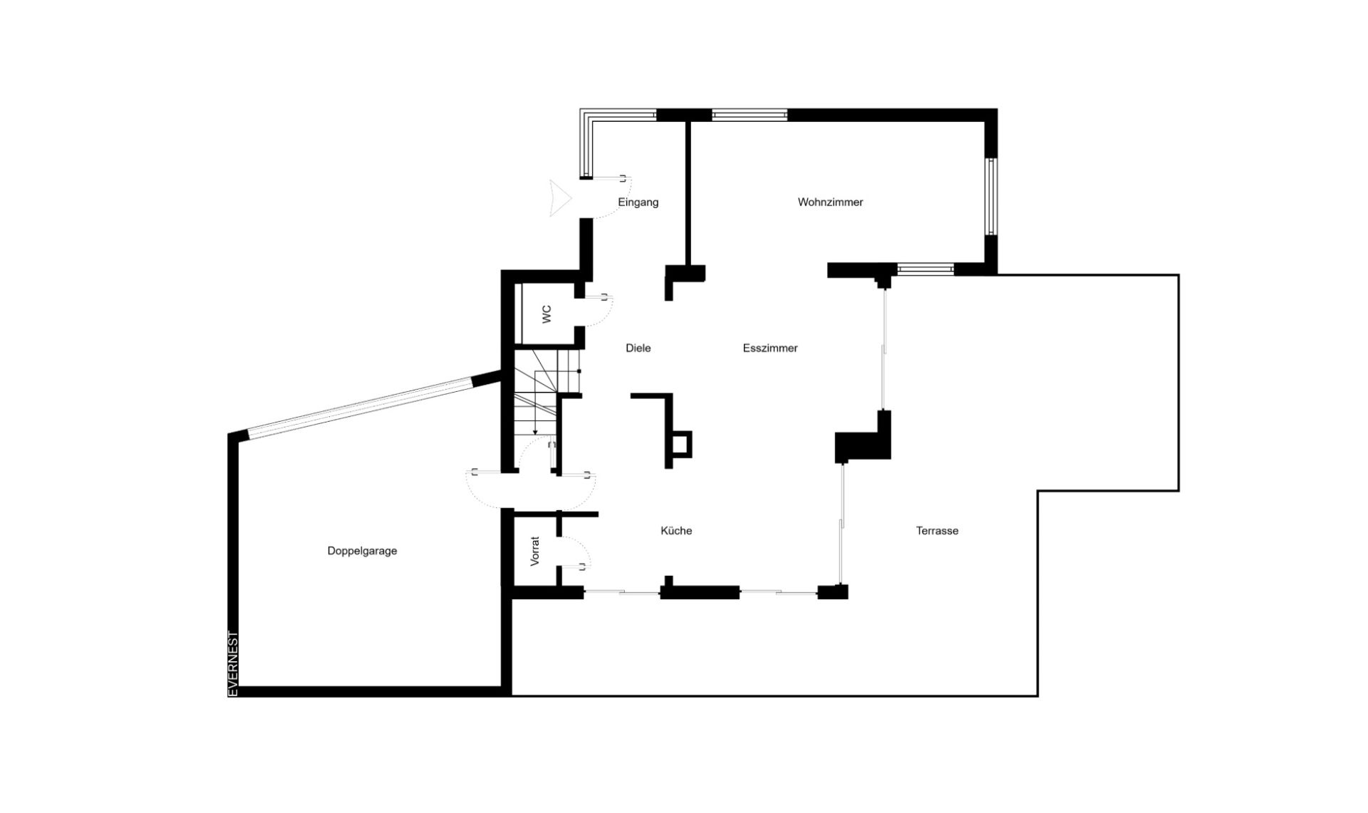 Grundriss mit Wohnzimmer, Esszimmer, Küche, Terrasse, Doppelgarage, Diele und WC.