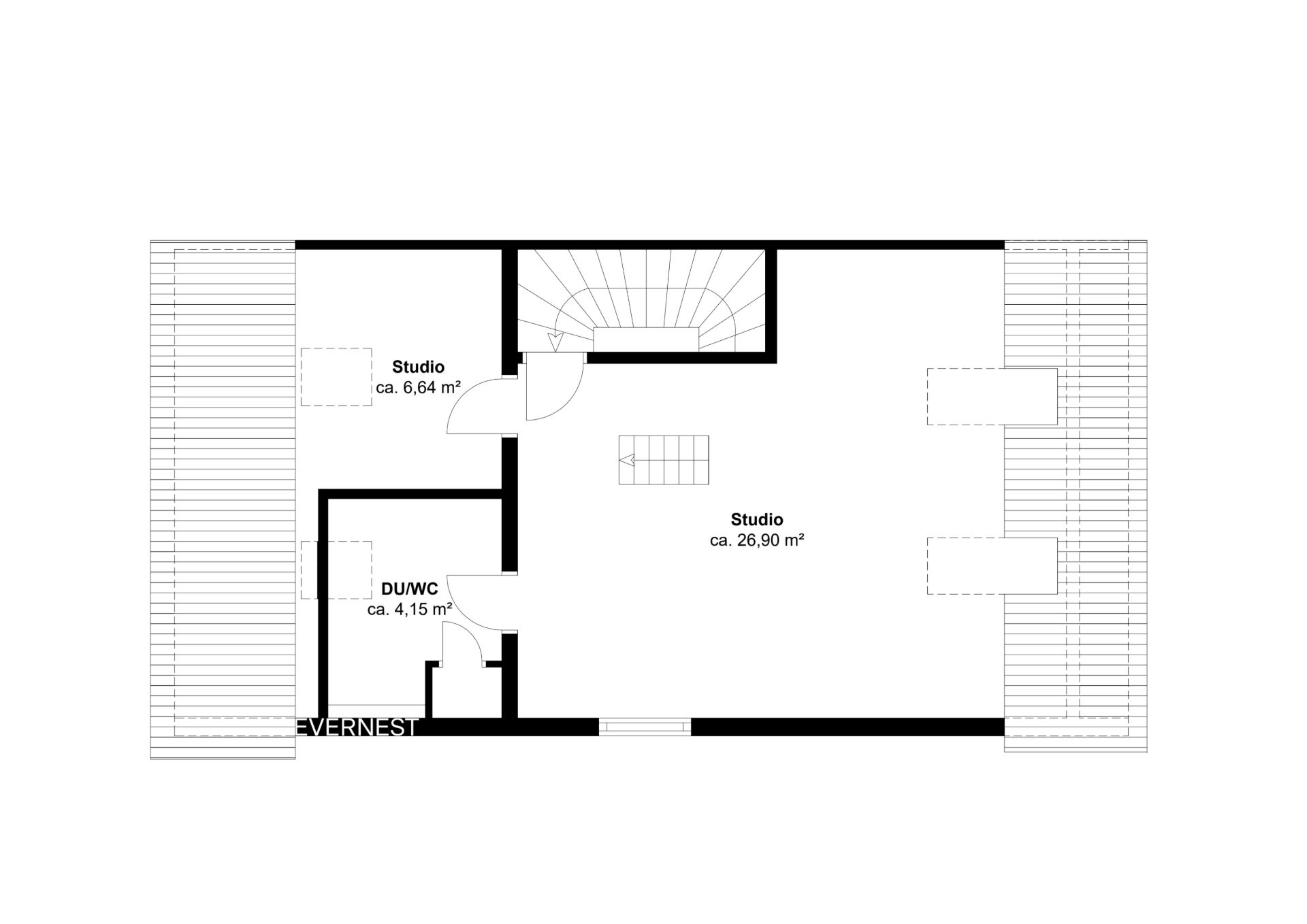 Grundriss mit zwei Studios, einem Duschbad und Treppe.