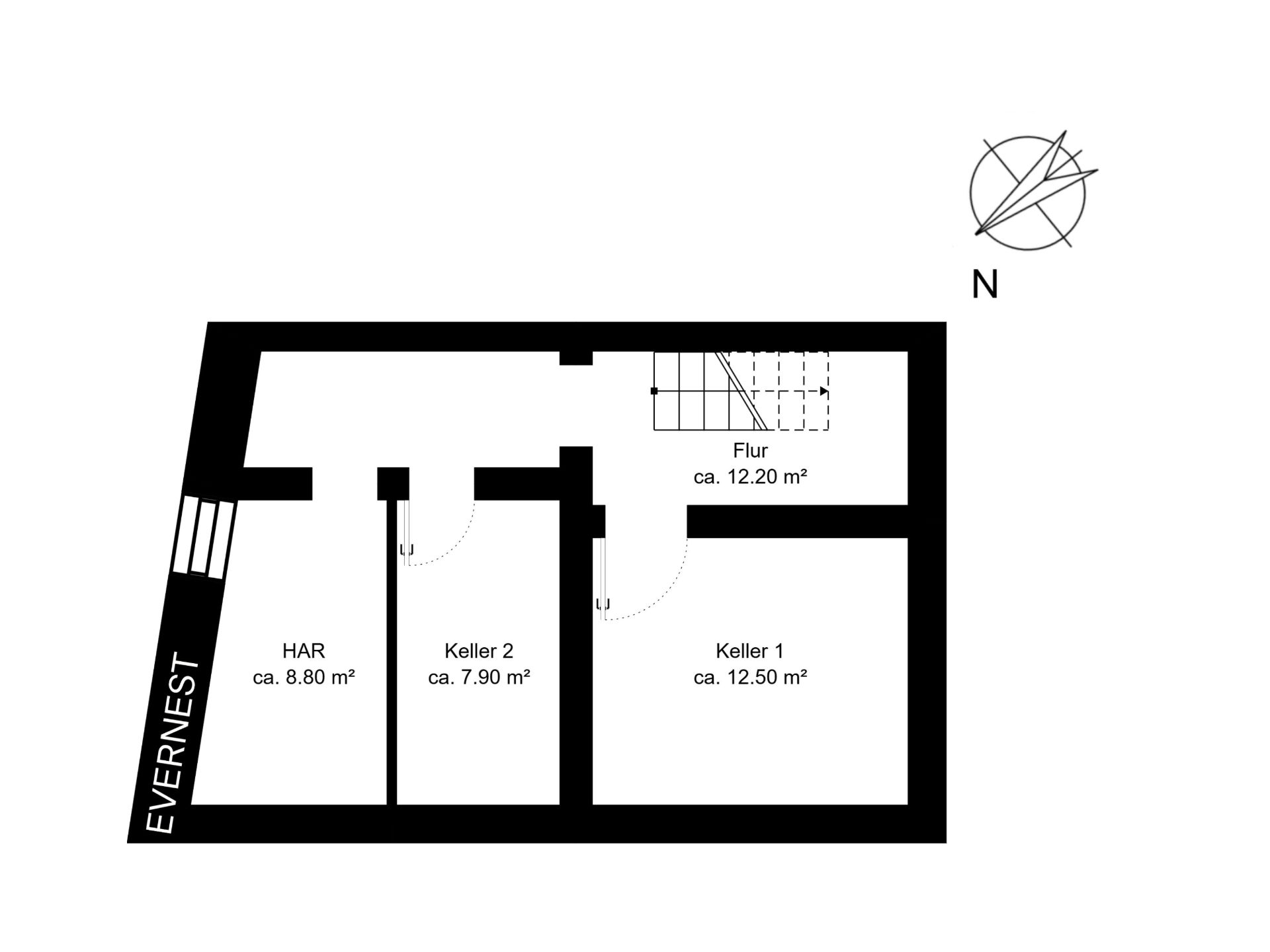 Grundriss zeigt Keller mit Flur, HAR, Keller 1 und Keller 2 mit Flächenangaben.