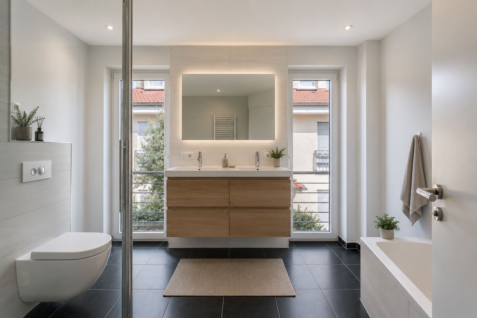 Modernes Badezimmer mit großem Spiegel, Doppelwaschbecken, Badewanne und Toilette.