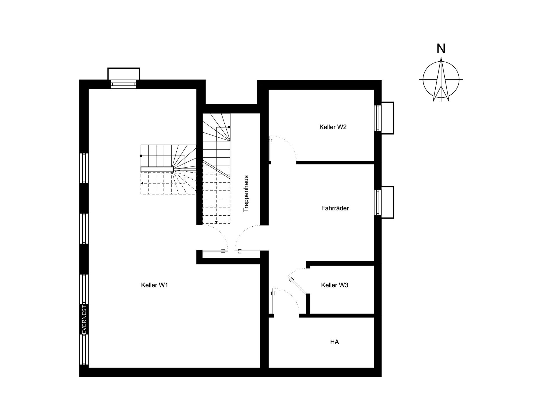 Grundriss eines Kellers mit Räumen für Keller, Fahrräder und Hausanschluss.