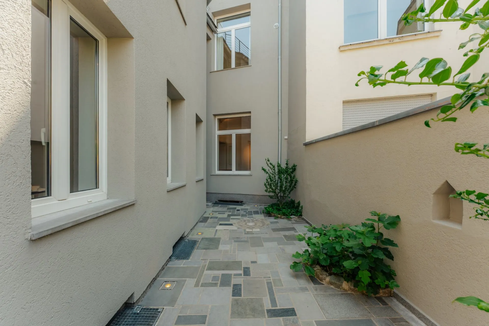 Gepflasterter Innenhof mit beige gestrichenen Wänden, Fenstern und einigen grünen Pflanzen.