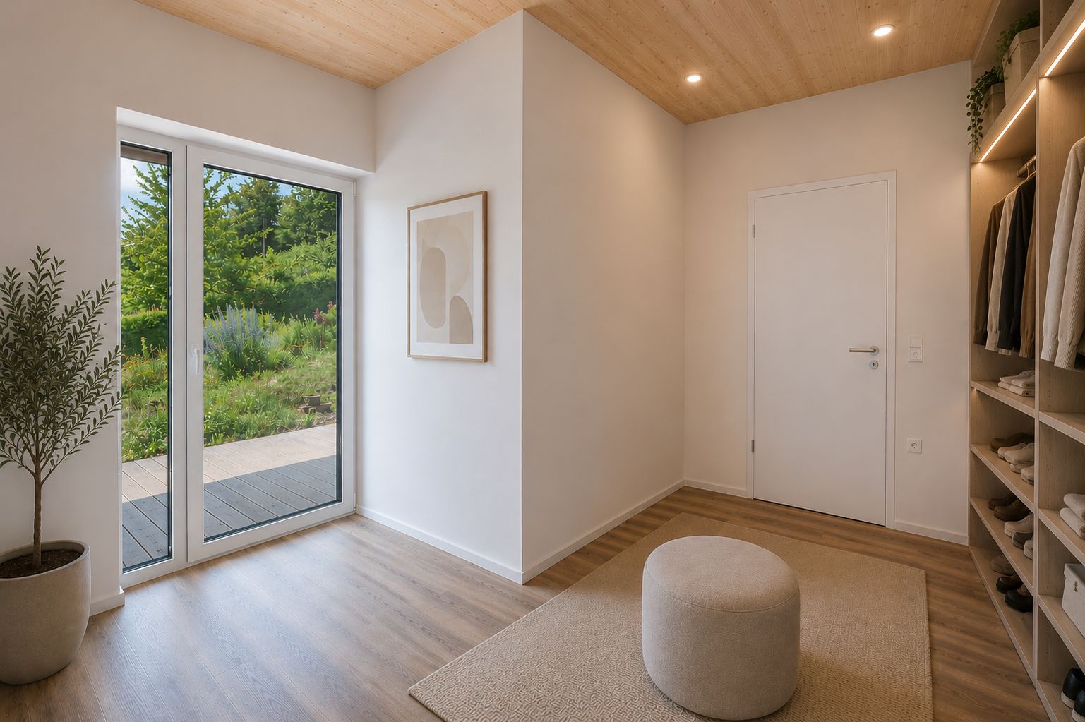 Heller Flur mit Glastür, Teppich, Hocker, Pflanze und offenem Kleiderschrank.