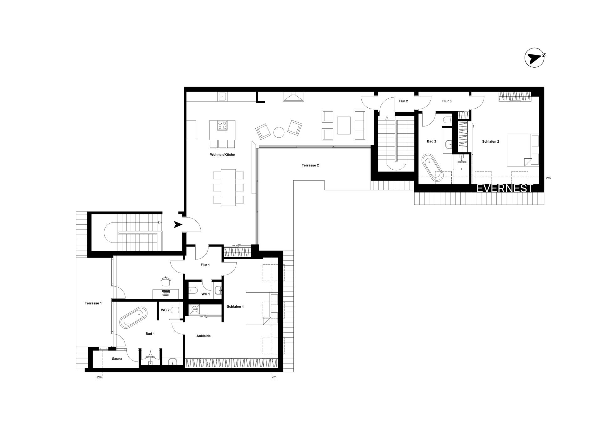 Grundriss einer Wohnung mit Wohnküche, zwei Schlafzimmern, zwei Bädern und zwei Terrassen.