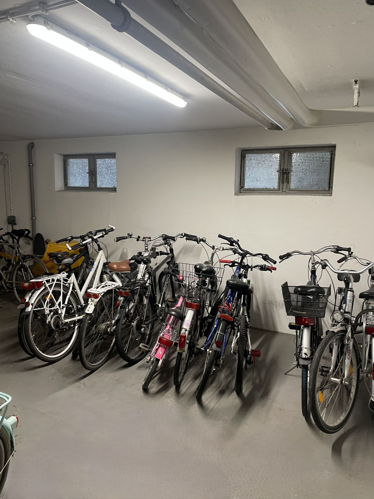Mehrere Fahrräder stehen in einem Kellerraum mit zwei kleinen Fenstern.