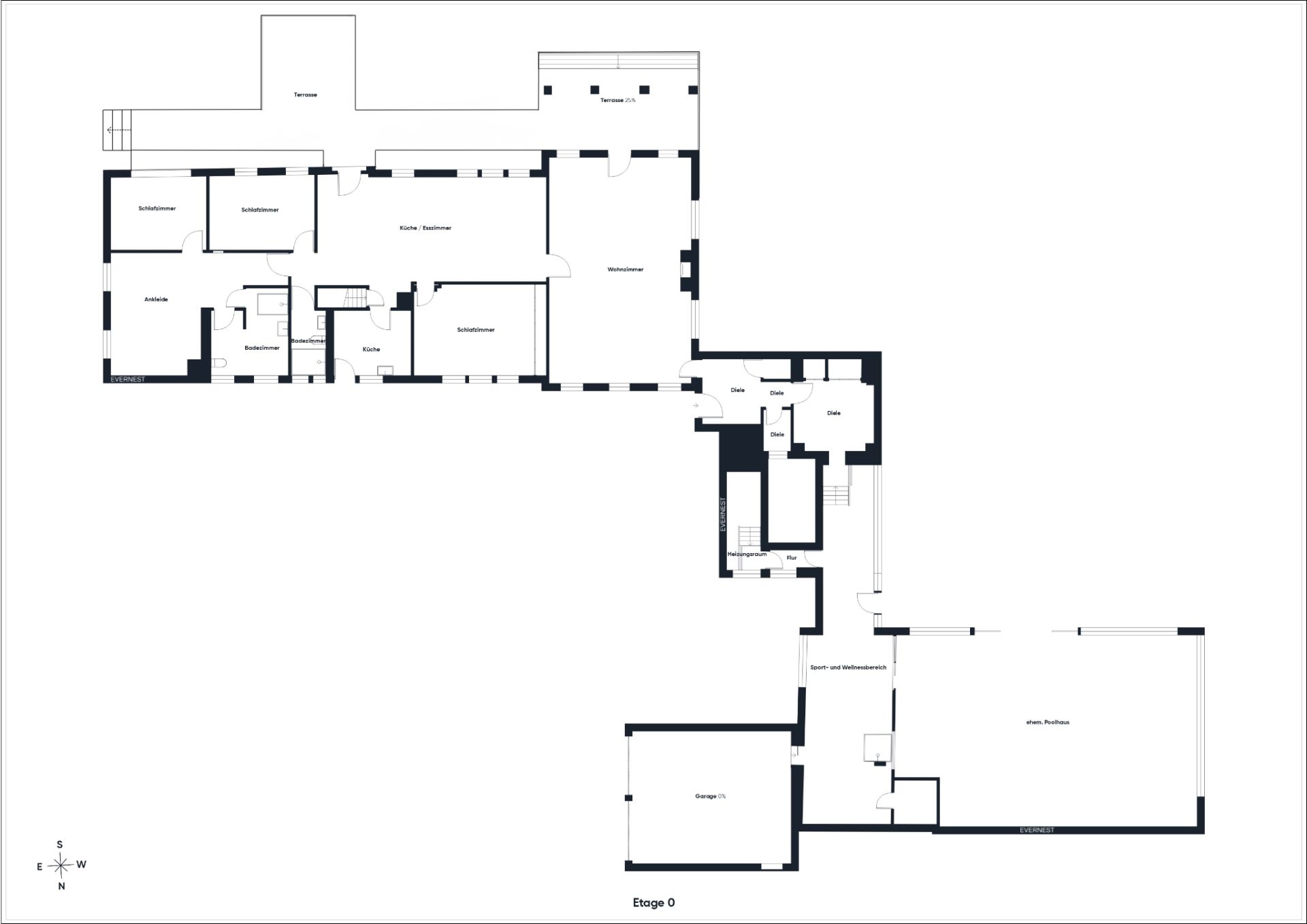 Grundriss eines Wohnhauses mit mehreren Zimmern, Garage und großem offenen Bereich.