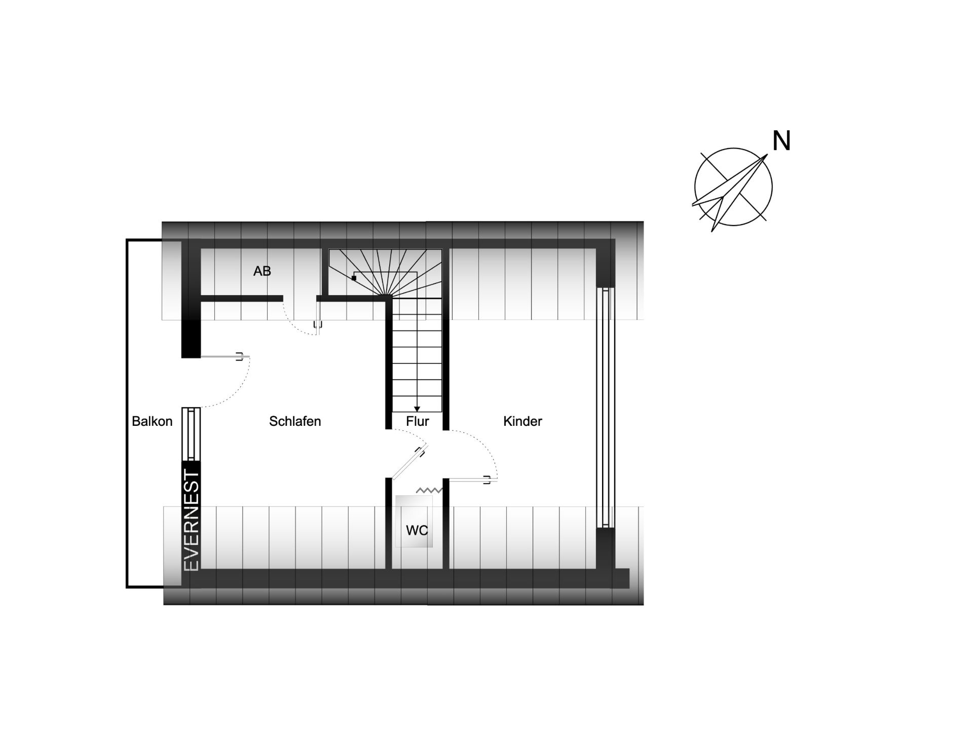 Grundriss mit Schlafzimmer, Kinderzimmer, WC, Flur, Abstellraum und Balkon.