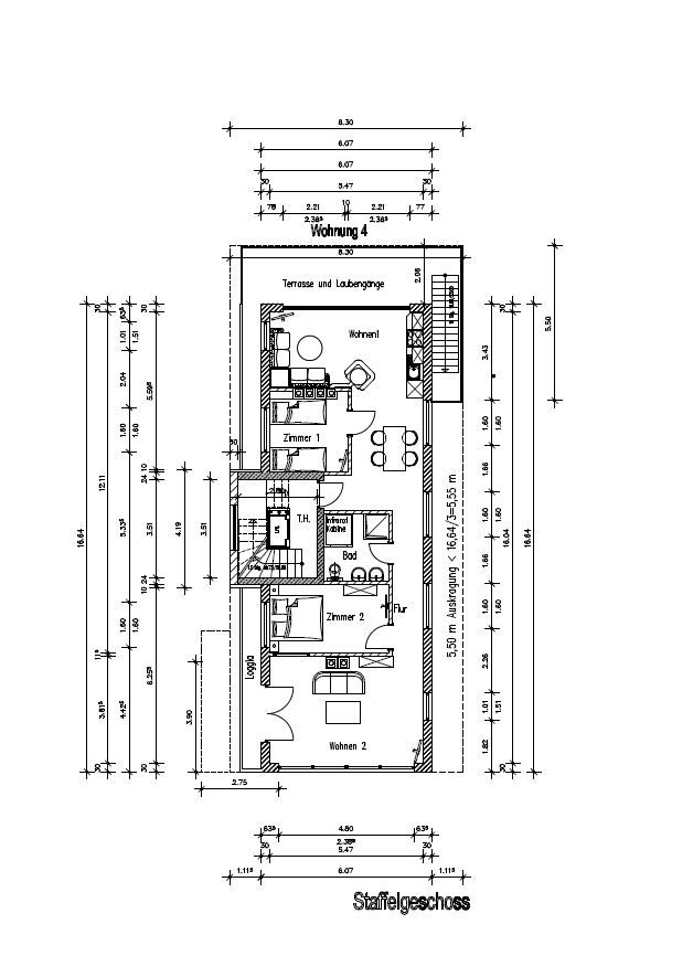 Grundriss einer Wohnung mit Wohnzimmer, Küche, zwei Zimmern, Bad und Terrasse.
