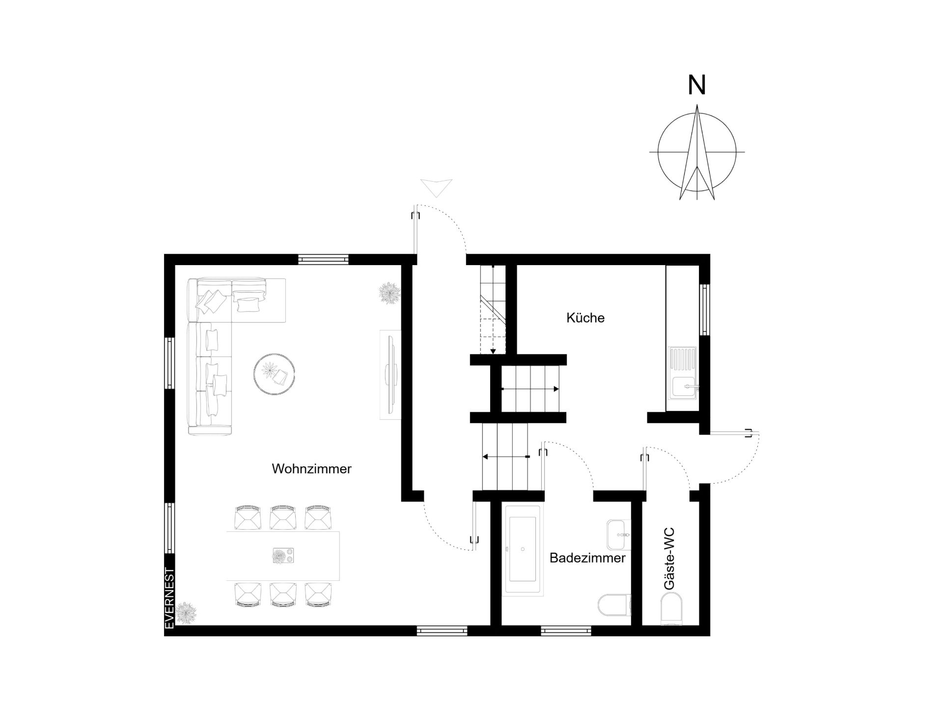 Grundriss eines Hauses mit Wohnzimmer, Küche, Badezimmer und Gäste-WC.