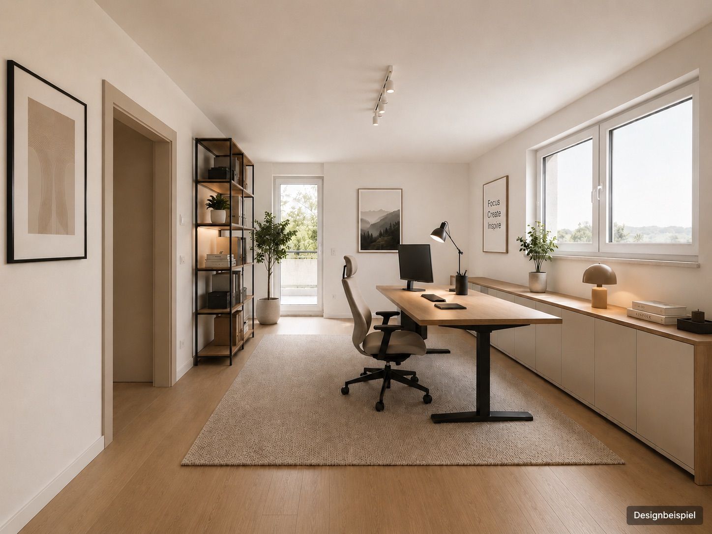 Modernes Arbeitszimmer mit Schreibtisch, Regal, Stuhl und großen Fenstern, hell und minimalistisch eingerichtet.