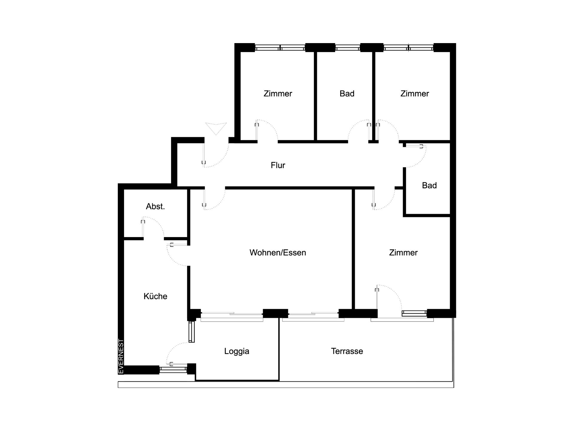 Grundriss einer Wohnung mit drei Zimmern, zwei Bädern, Küche, Wohn-/Essbereich, Loggia und Terrasse.