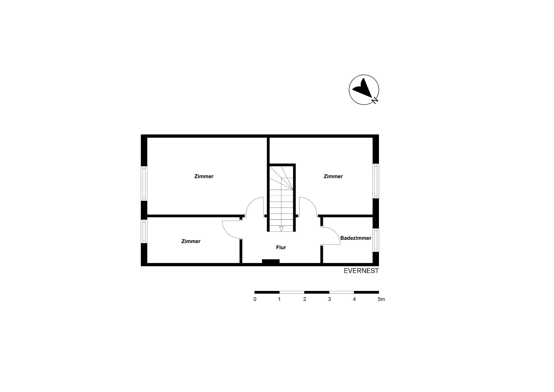 Grundriss mit drei Zimmern, Badezimmer, Flur und Treppe.