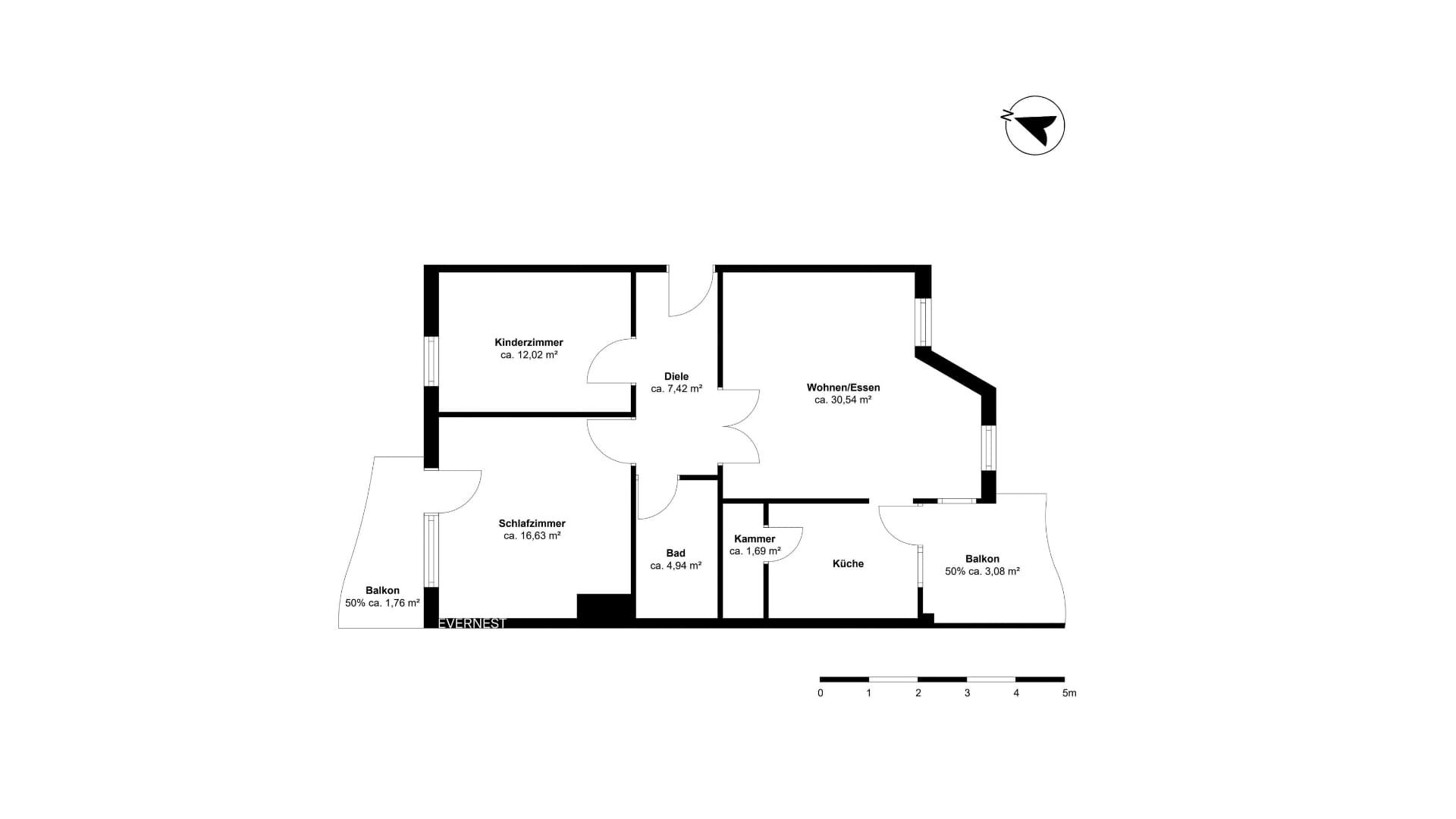 Grundriss einer Wohnung mit Schlafzimmer, Wohnzimmer, Kinderzimmer, Bad, Küche und zwei Balkonen.