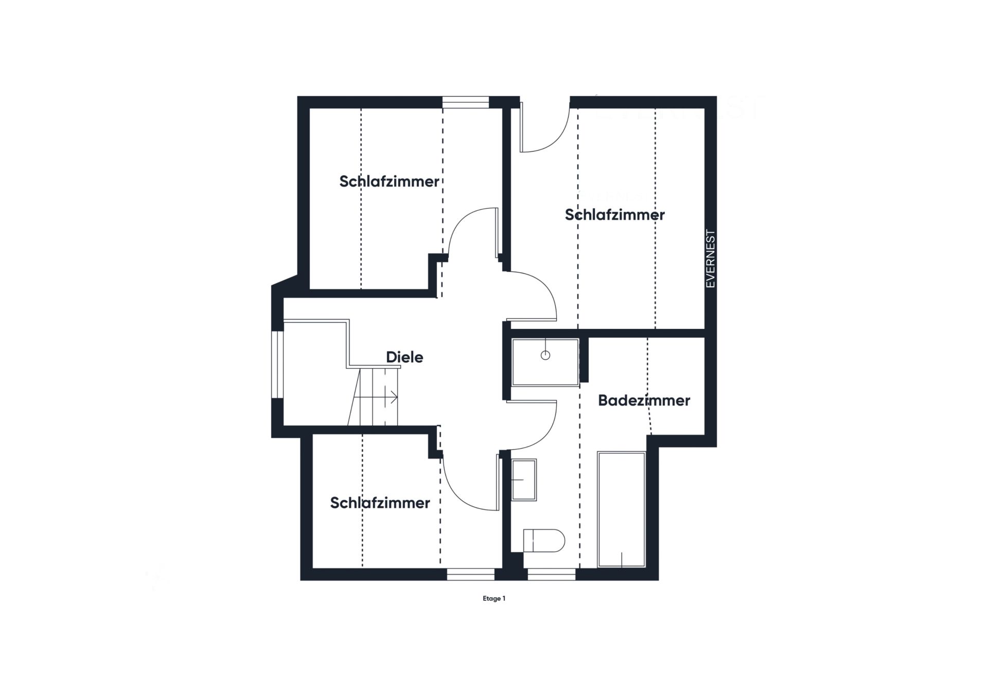 Grundriss mit drei Schlafzimmern, Diele und Badezimmer.