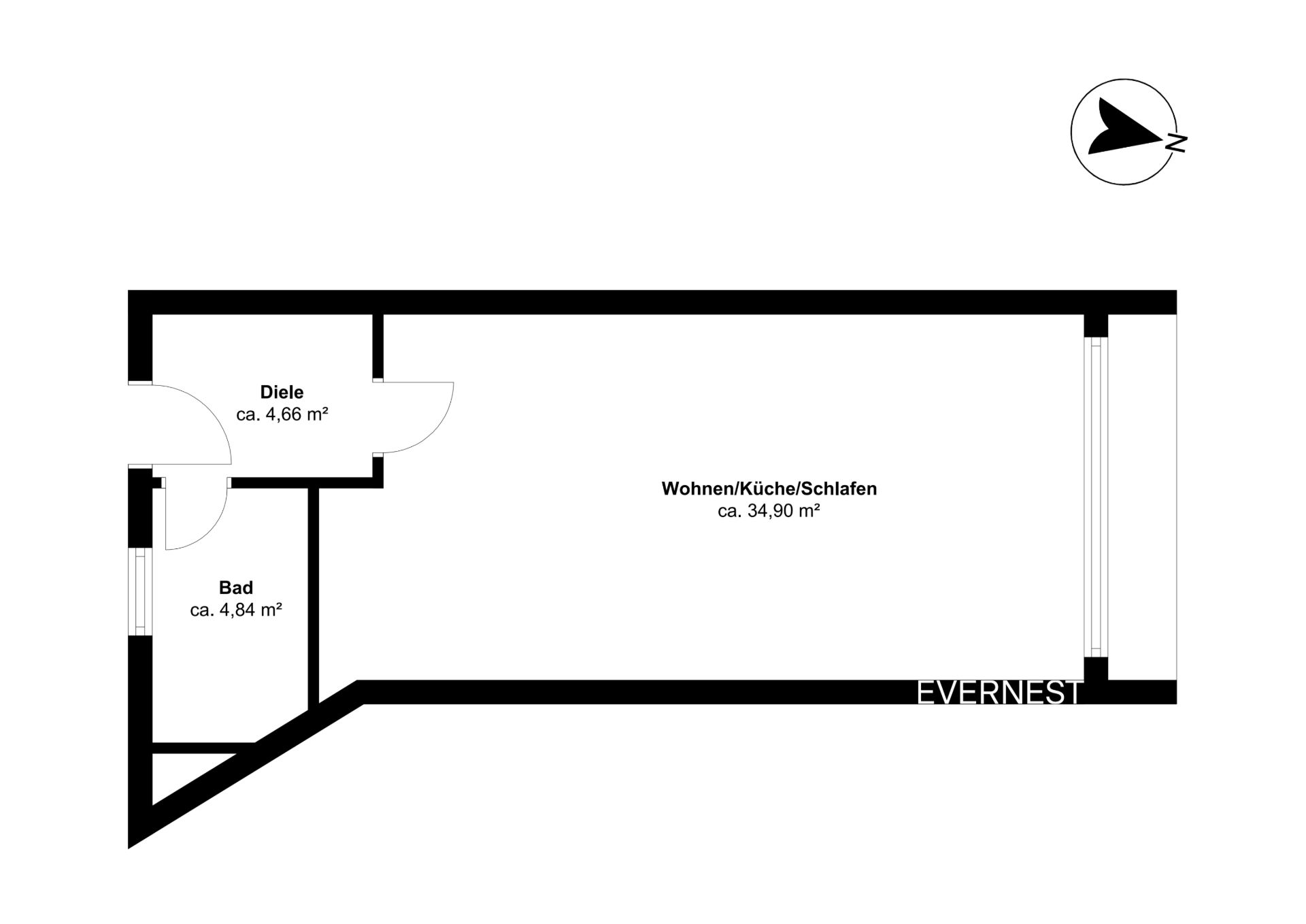 Grundriss mit einem großen Wohnraum, Bad und Diele, Flächen in Quadratmetern angegeben.