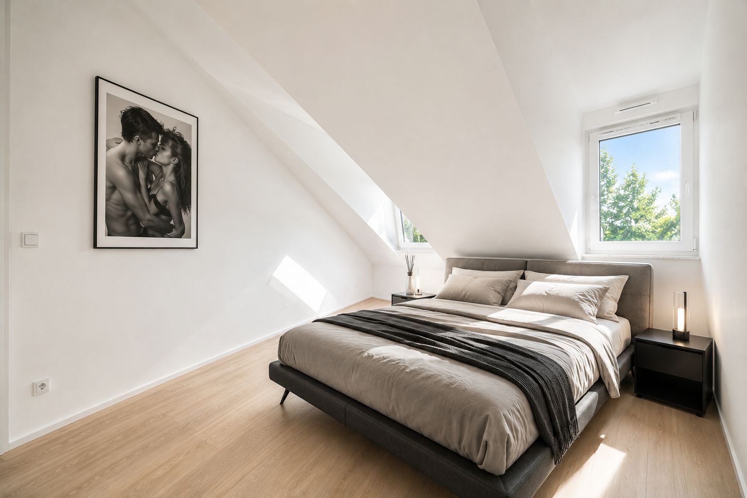 Helles Schlafzimmer mit Doppelbett, zwei Nachttischen, großem Fenster und gerahmtem Bild an der Wand.