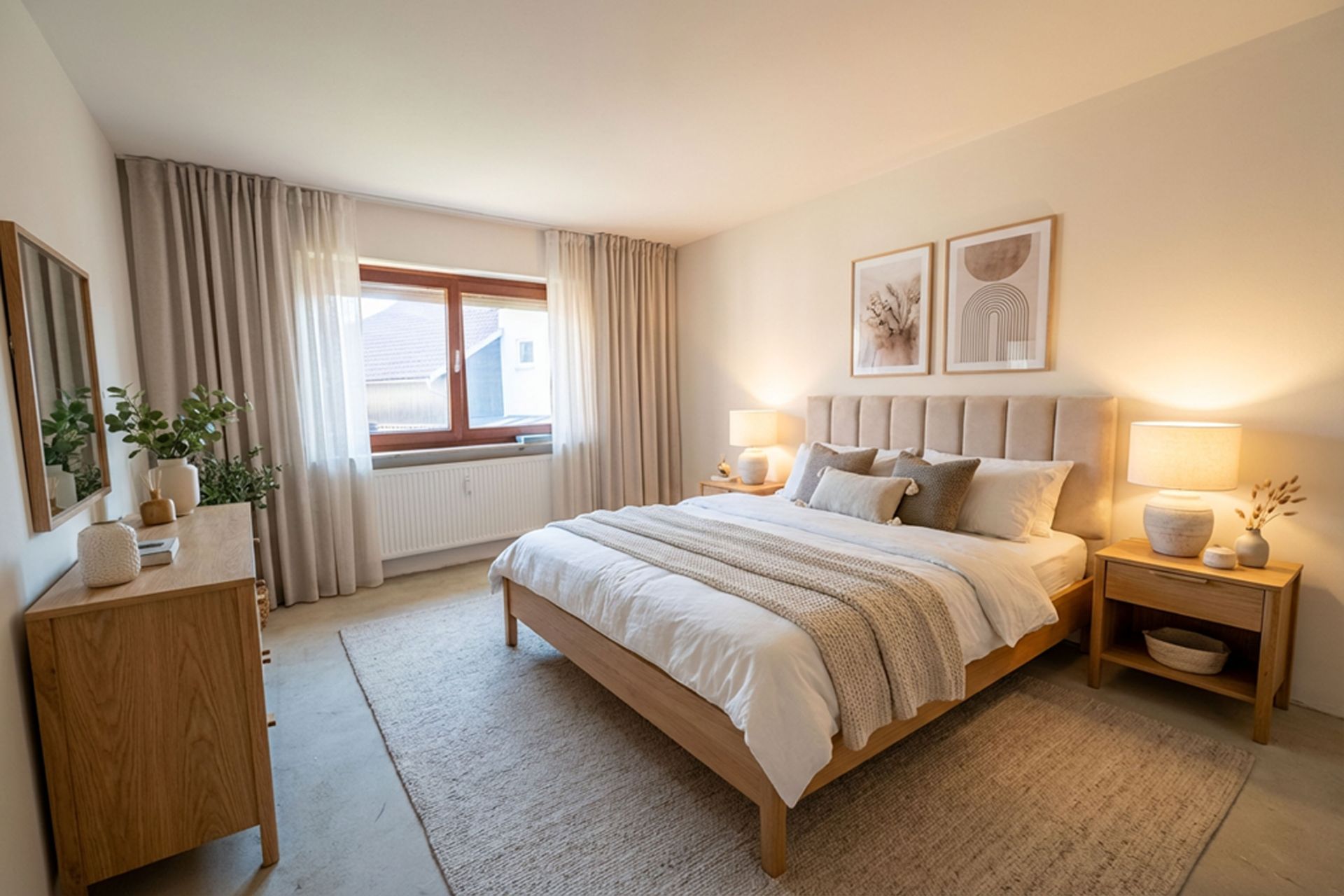 Helles Schlafzimmer mit großem Bett, Holzmöbeln und zwei Nachttischen mit Lampen.