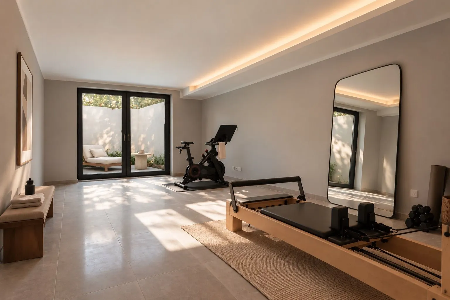 Heller Fitnessraum mit Trainingsgerät, Spiegel, Bank und Blick auf eine Terrasse mit Sofa.