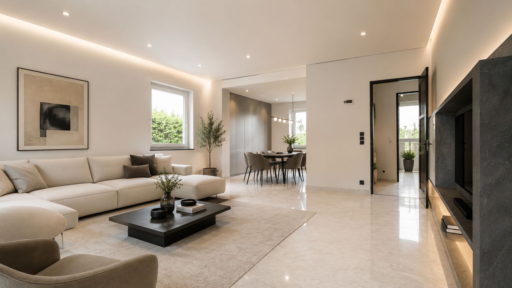 Modernes Wohnzimmer mit heller Eckcouch, Couchtisch, großem Teppich und Blick in das Esszimmer.