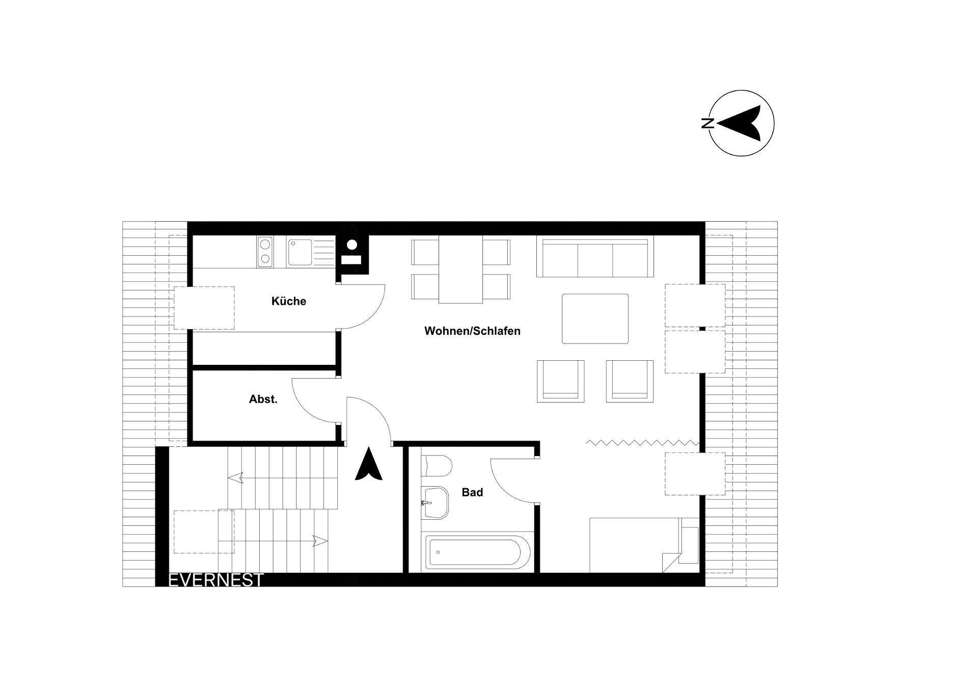 Grundriss einer Wohnung mit Küche, Bad, Abstellraum und Wohn-/Schlafbereich.