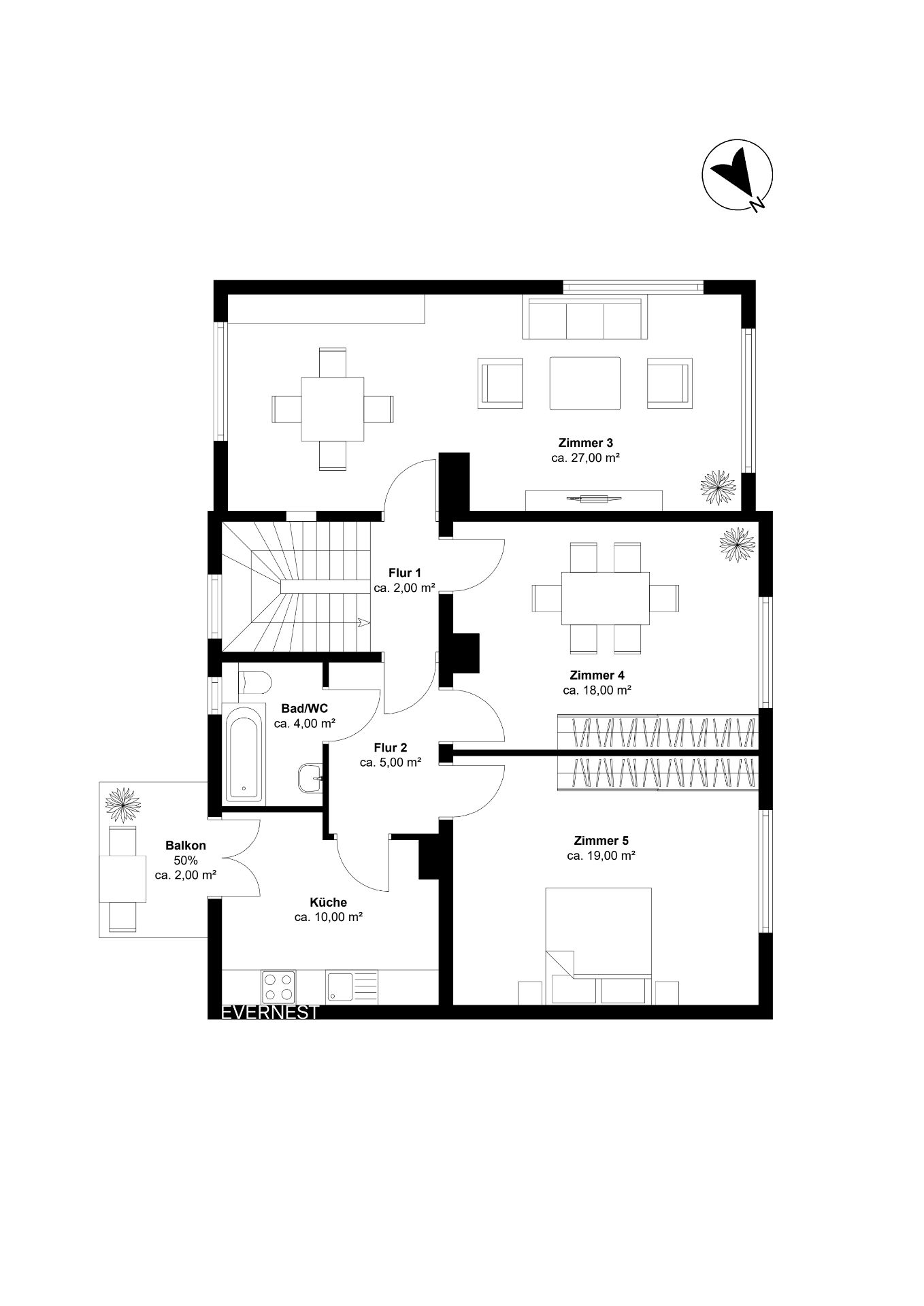 Grundriss einer Wohnung mit drei Zimmern, Küche, Bad, zwei Fluren und Balkon.