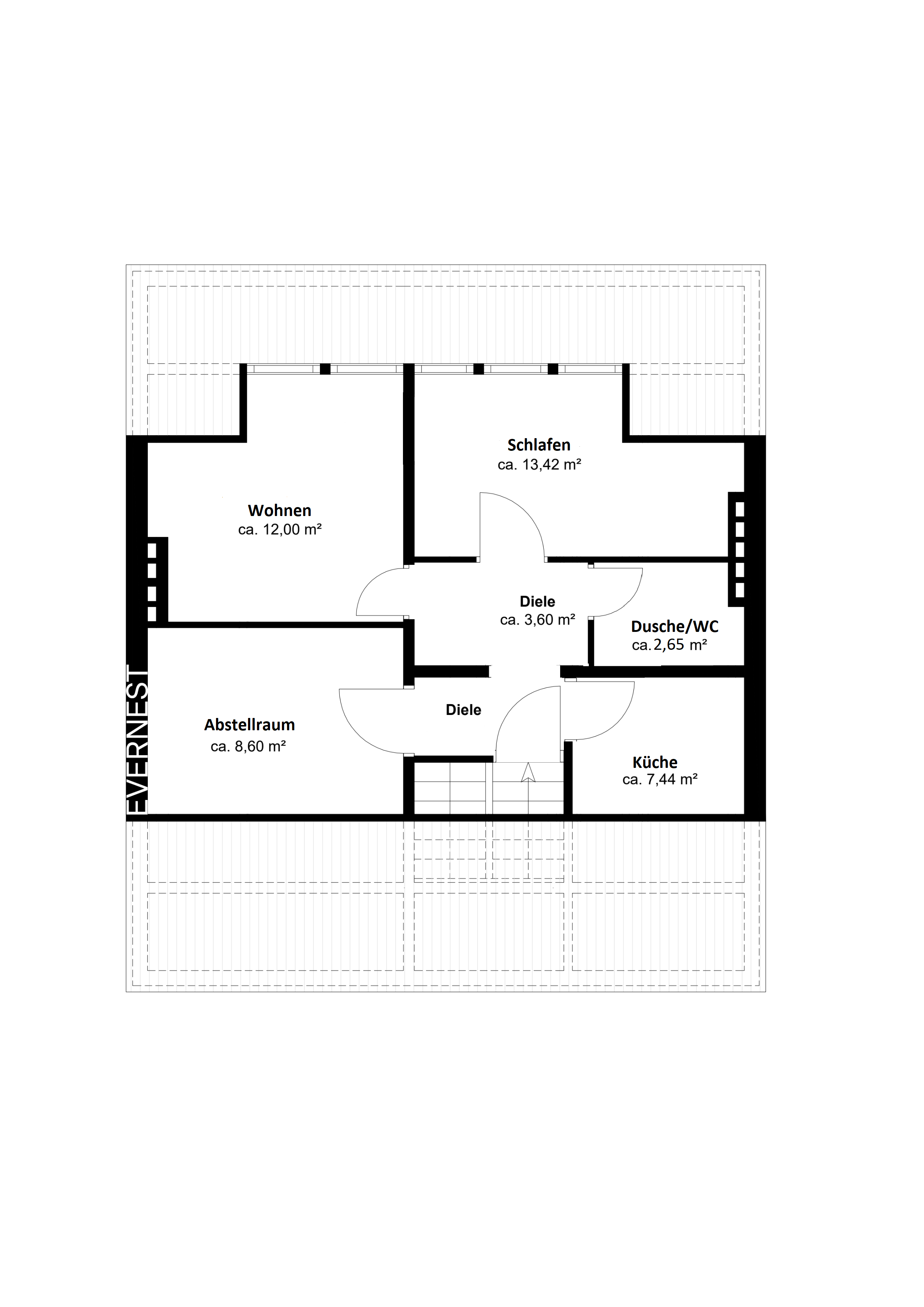 Grundriss einer Wohnung mit Wohnzimmer, Schlafzimmer, Küche, Bad, Abstellraum und Flur.