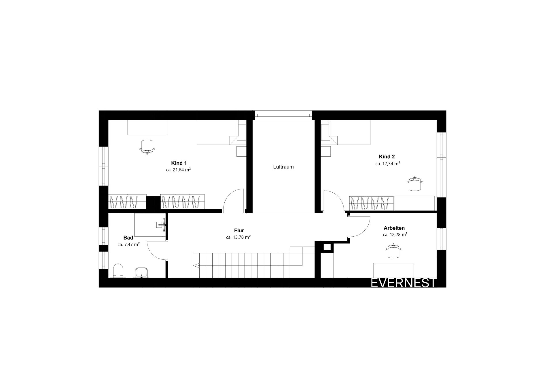 Grundriss mit zwei Kinderzimmern, Bad, Arbeitszimmer, Flur und Luftraum.