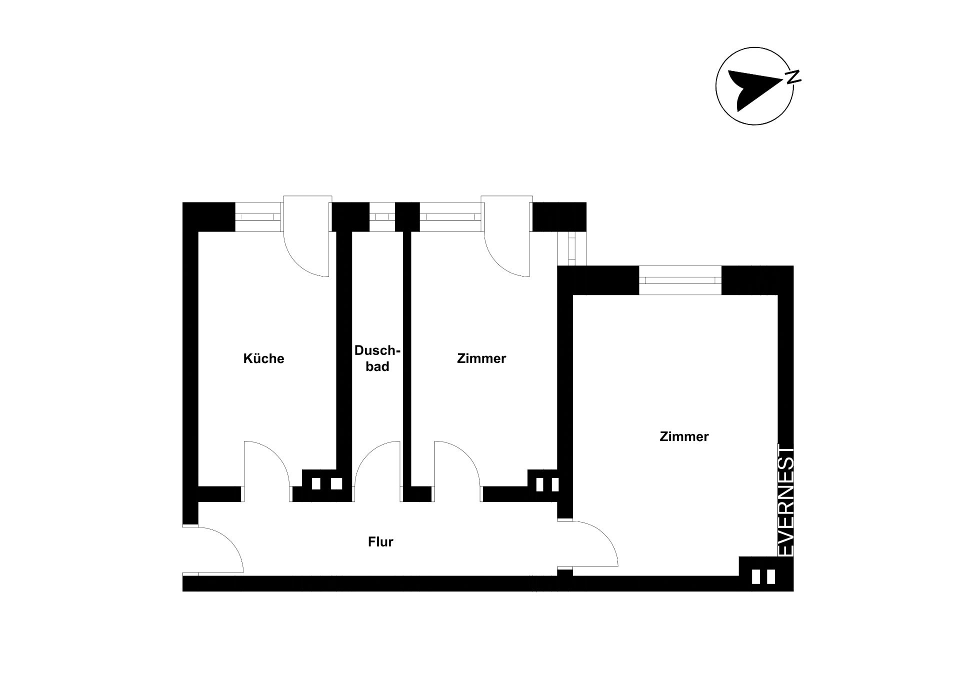 Grundriss einer Wohnung mit Küche, Duschbad, Flur und zwei Zimmern.