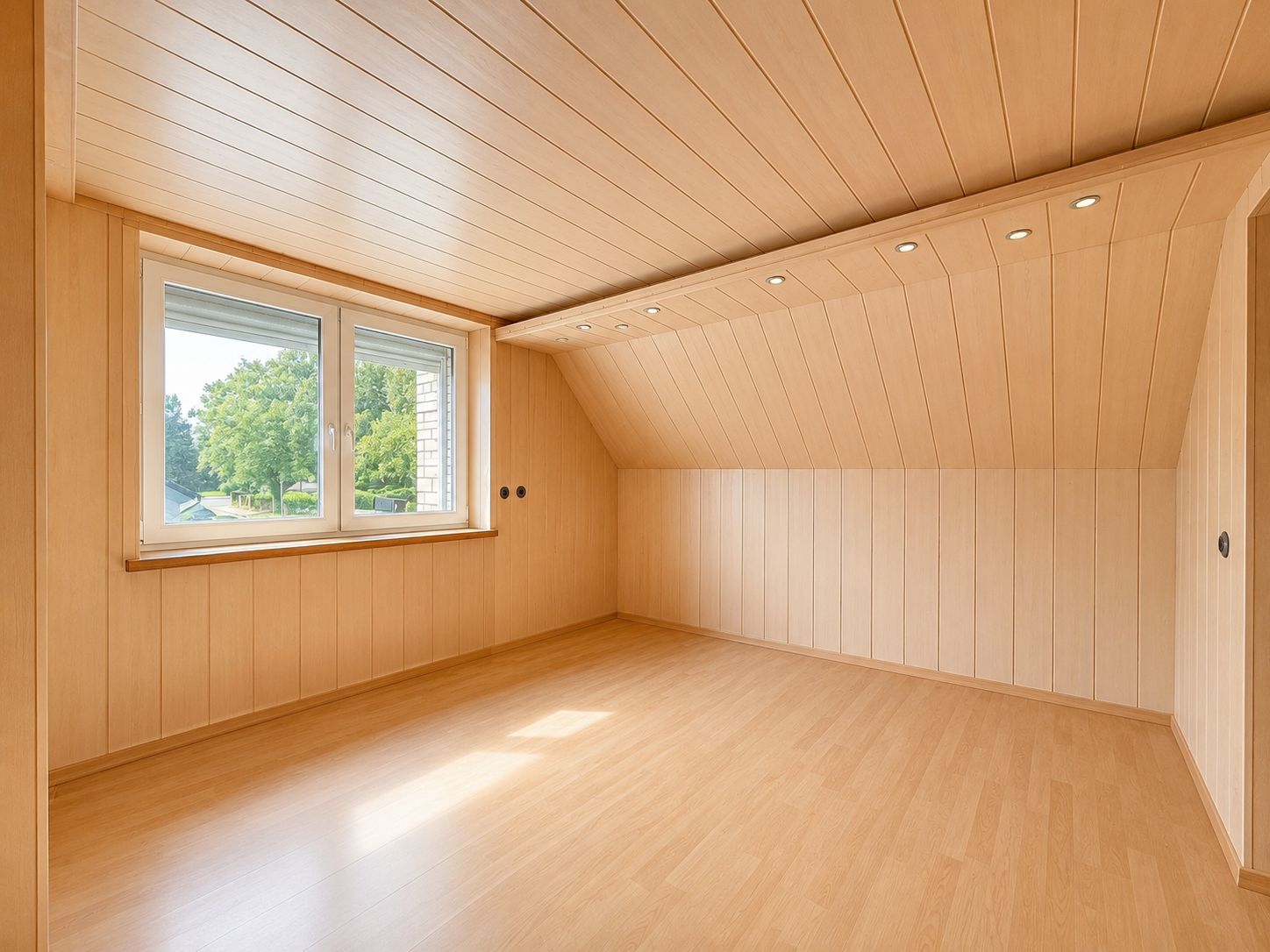 Leerer Raum mit Holzverkleidung, großem Fenster und schräger Decke mit eingebauten Spots.