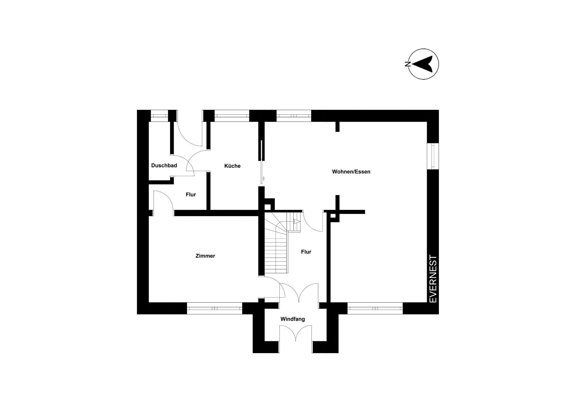 Grundriss mit Zimmer, Küche, Duschbad, Flur, Windfang und Wohn-/Essbereich.