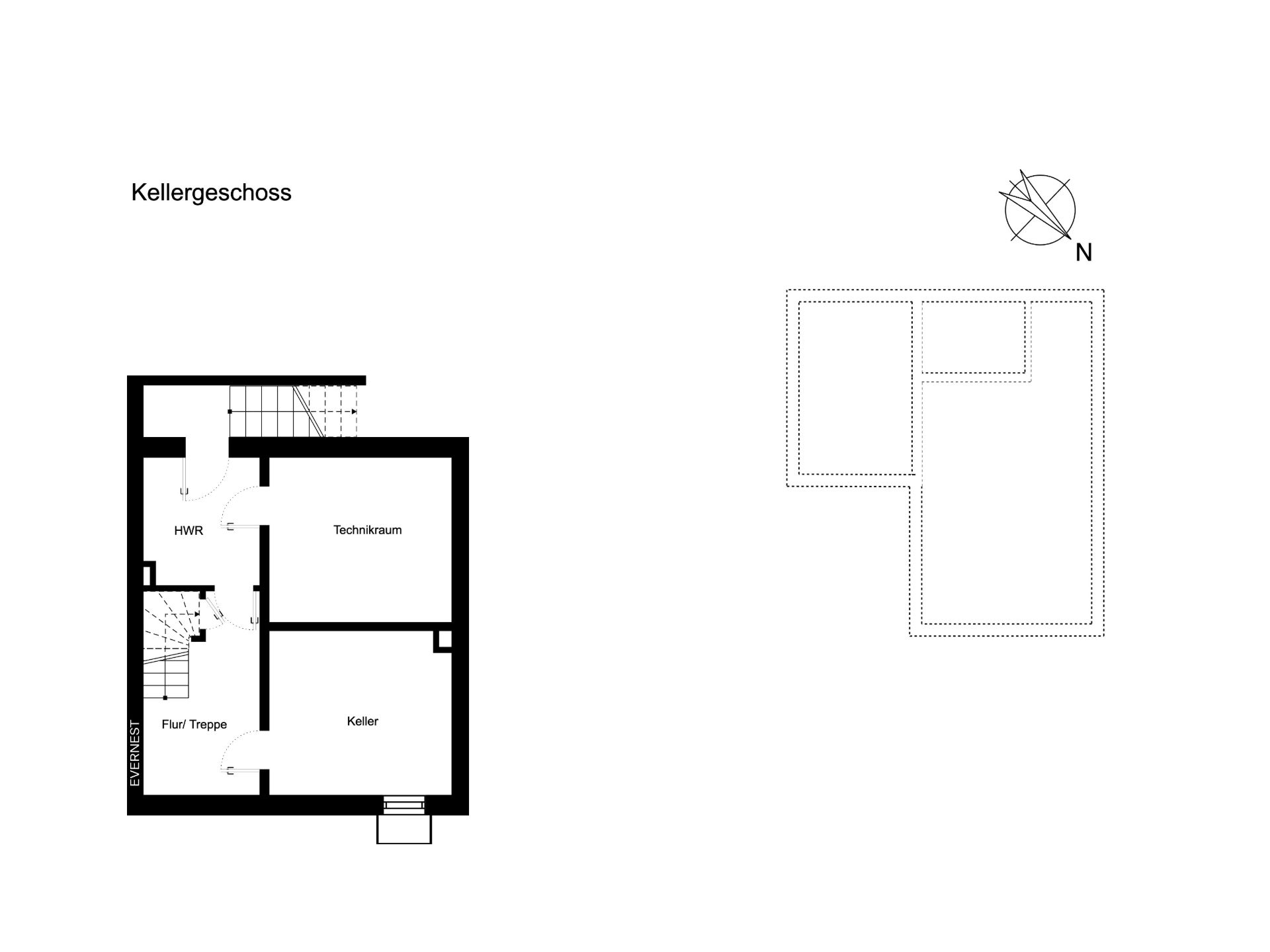 Grundriss eines Kellers mit Technikraum, HWR, Kellerraum und Flur mit Treppe.