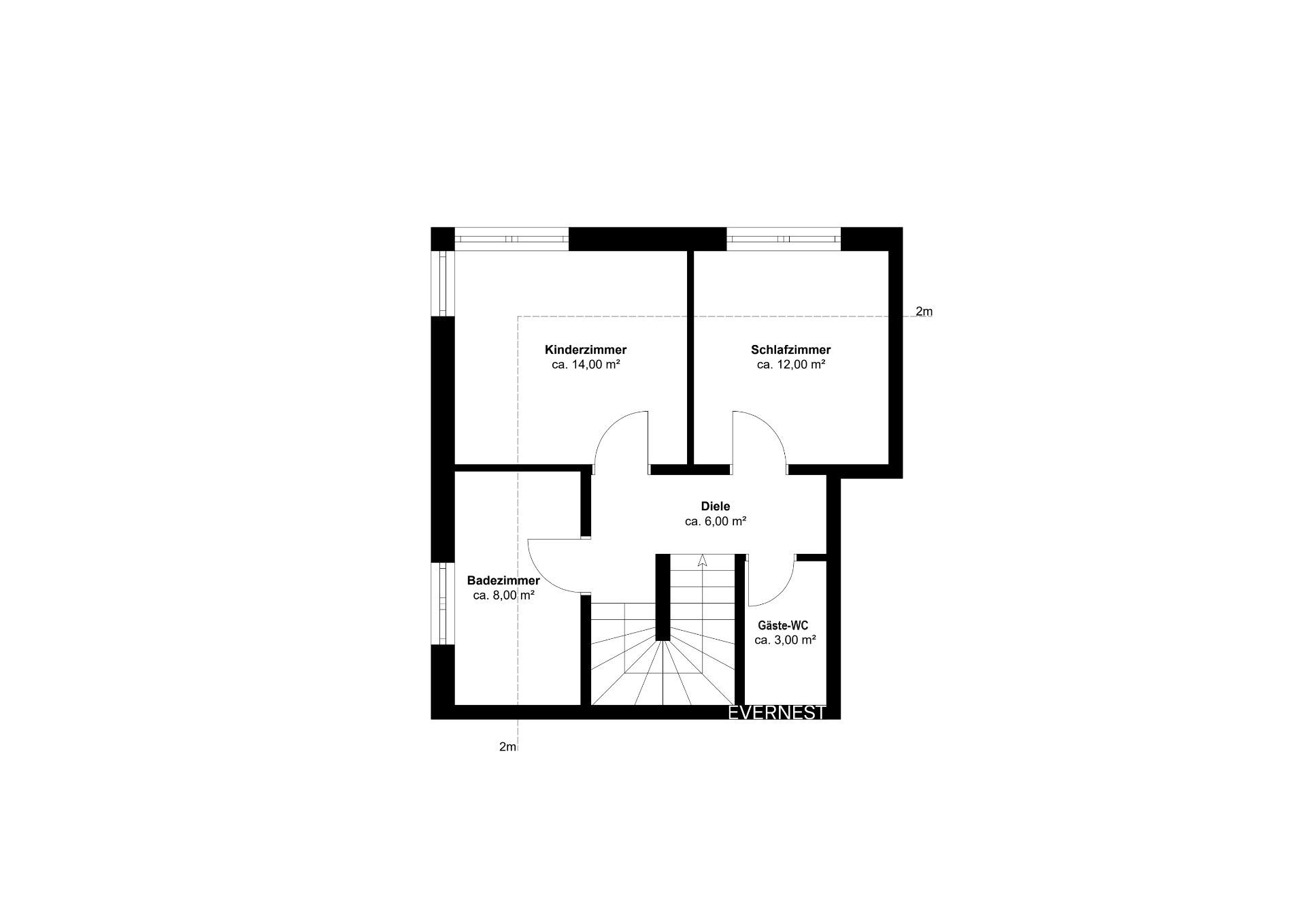 Grundriss mit Kinderzimmer, Schlafzimmer, Badezimmer, Diele und Gäste-WC.