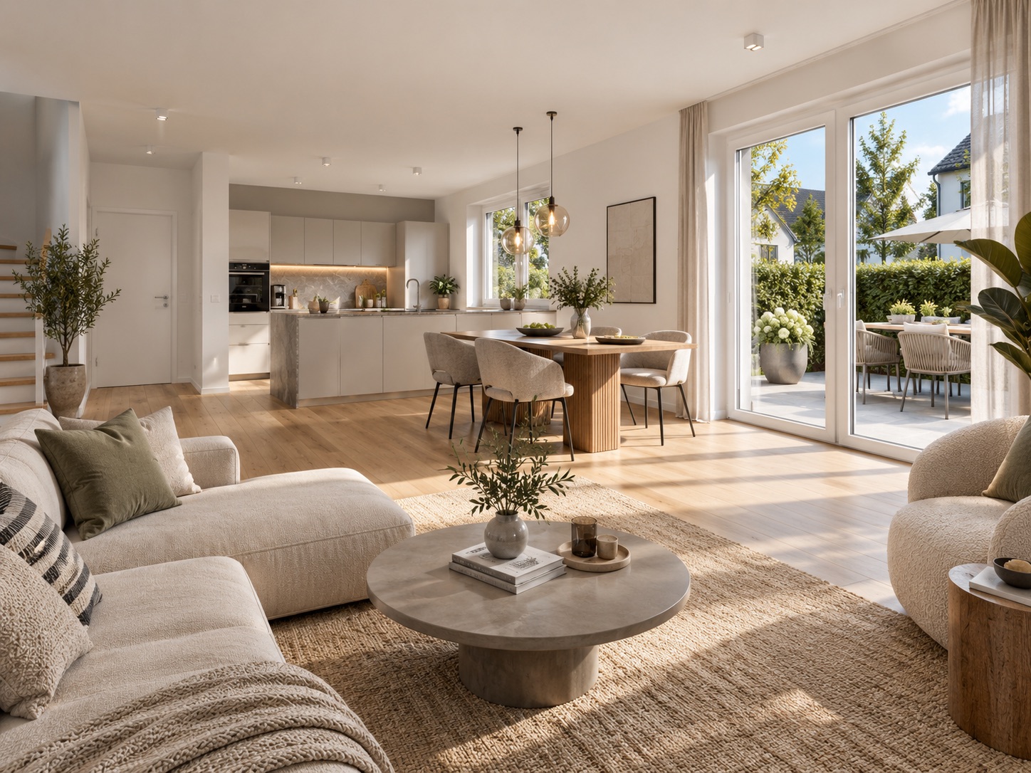 Modernes Wohnzimmer mit Küche, Essbereich und großem Fenster zum Garten.