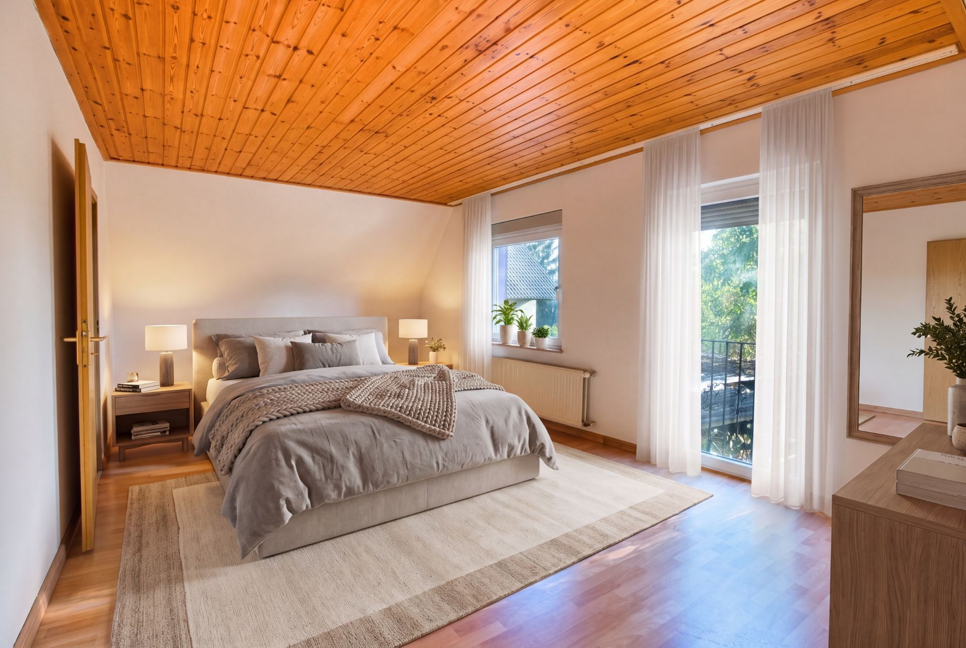 Helles Schlafzimmer mit Holzboden, Doppelbett, Teppich und Holzdecke, Fenster mit Vorhängen.