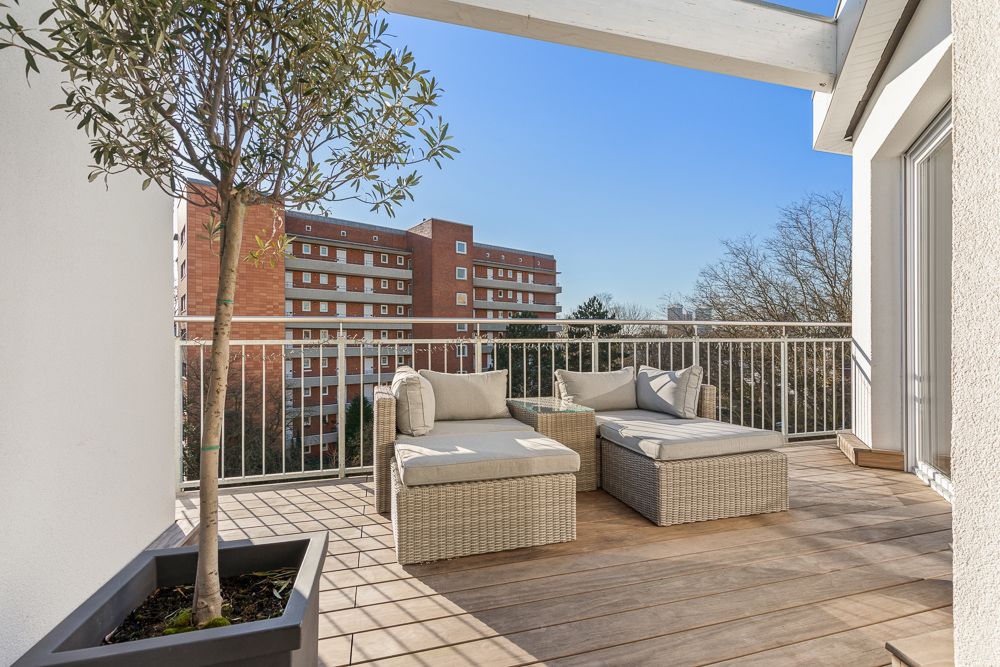 Moderne Terrasse mit Loungemöbeln, Topfbaum und Blick auf Wohngebäude.