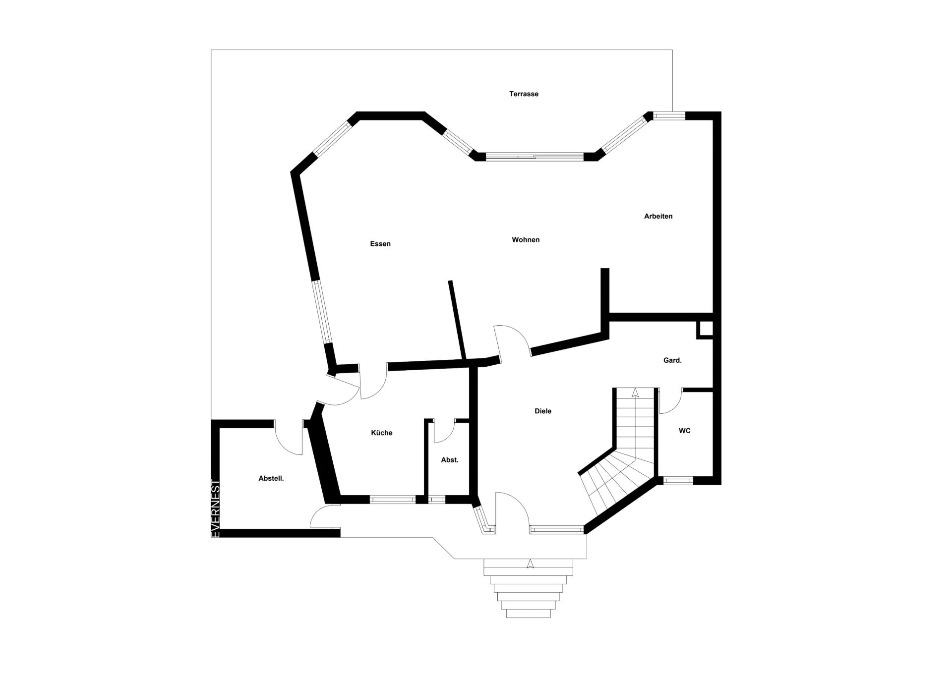 Grundriss eines Hauses mit Küche, Esszimmer, Wohnzimmer, Arbeitszimmer und Terrasse.
