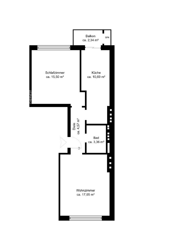 Grundriss einer Wohnung mit Schlafzimmer, Wohnzimmer, Küche, Bad, Diele und Balkon.