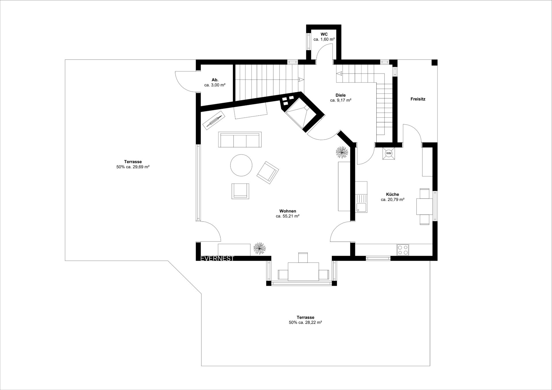 Grundriss eines Wohnhauses mit Wohnzimmer, Küche, WC, Abstellraum und Terrasse.