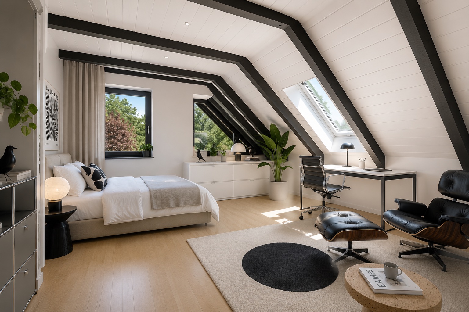 Modernes Schlafzimmer mit Schreibtisch unter einem Dachgeschossfenster und stilvollen Möbeln.