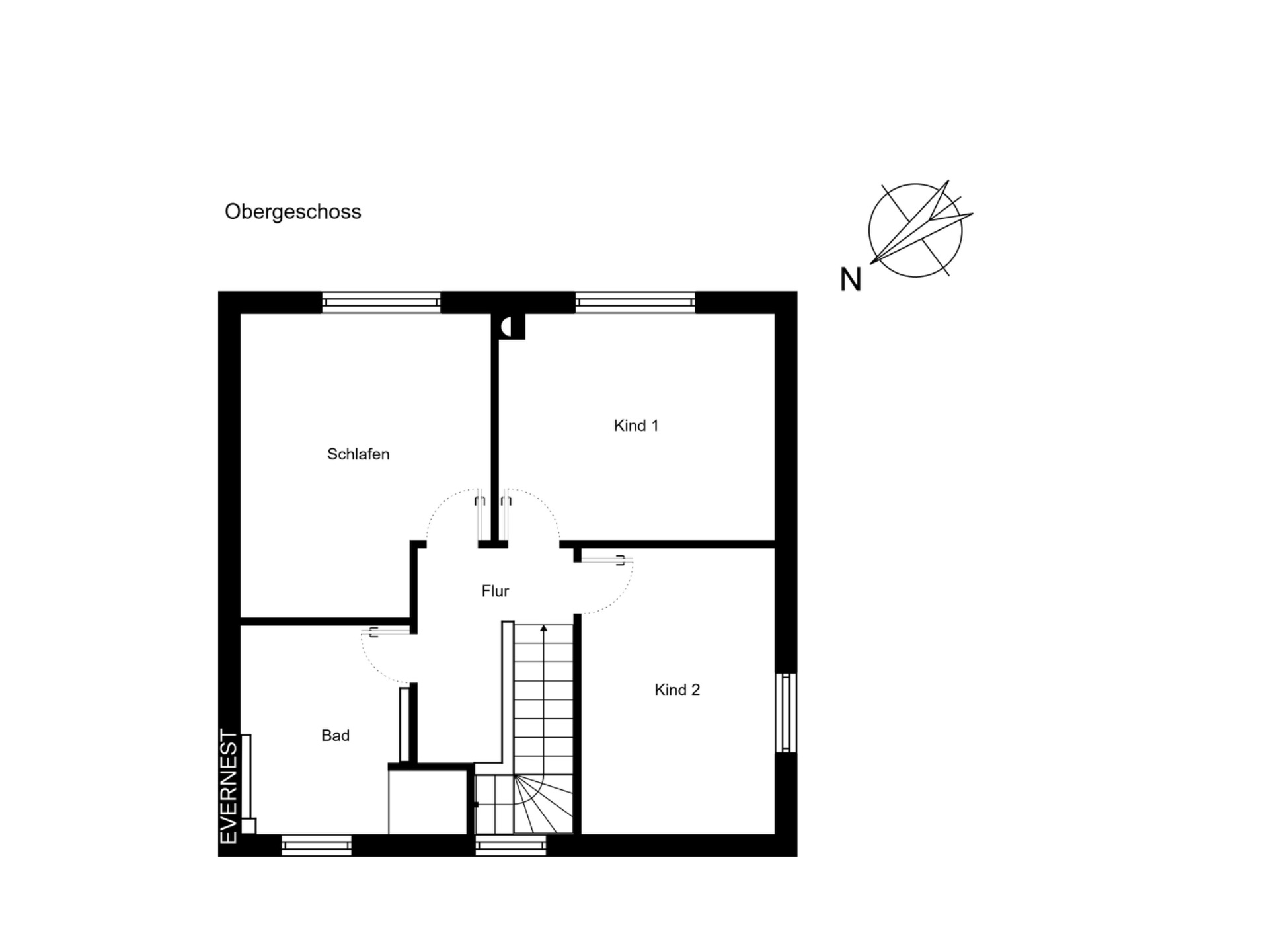 Grundriss des Obergeschosses mit Schlafzimmer, zwei Kinderzimmern, Bad und Flur.