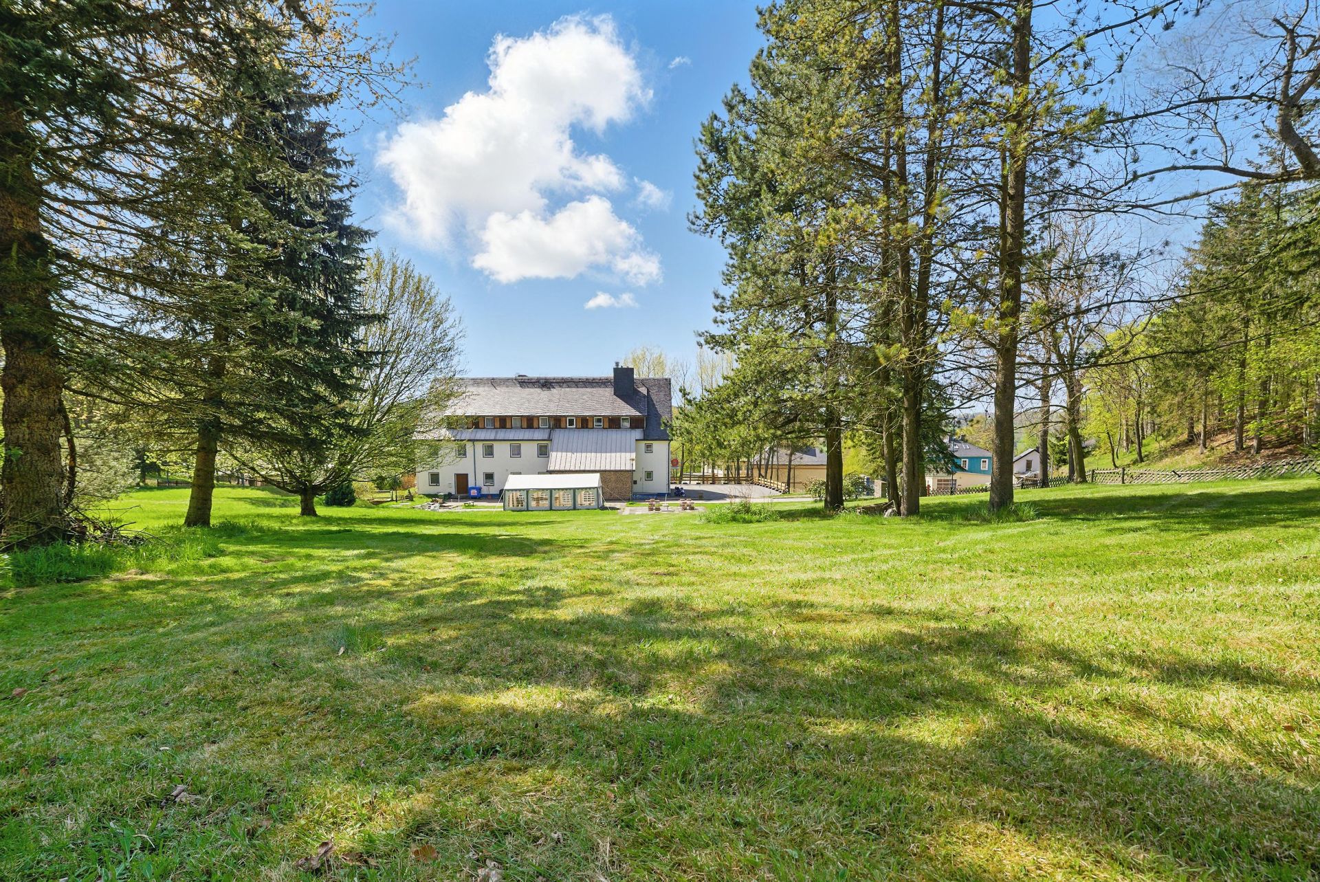 Großer Garten mit Bäumen und einem Haus im Hintergrund bei sonnigem Wetter.