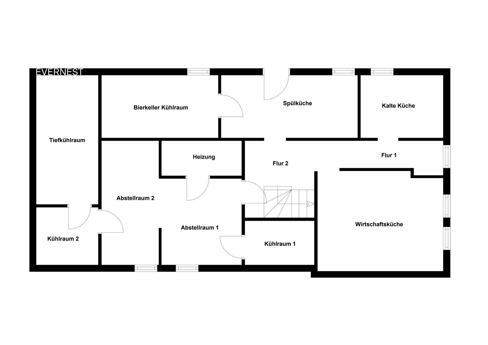 Grundriss mit Kühlräumen, Abstellräumen, Heizungsraum, Küchen und Fluren.