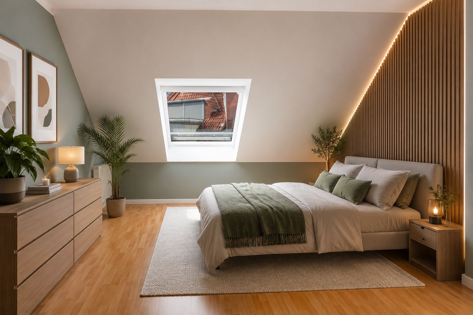 Modernes Schlafzimmer mit Dachfenster, Holzboden, Doppelbett, Pflanzen und Kommode.