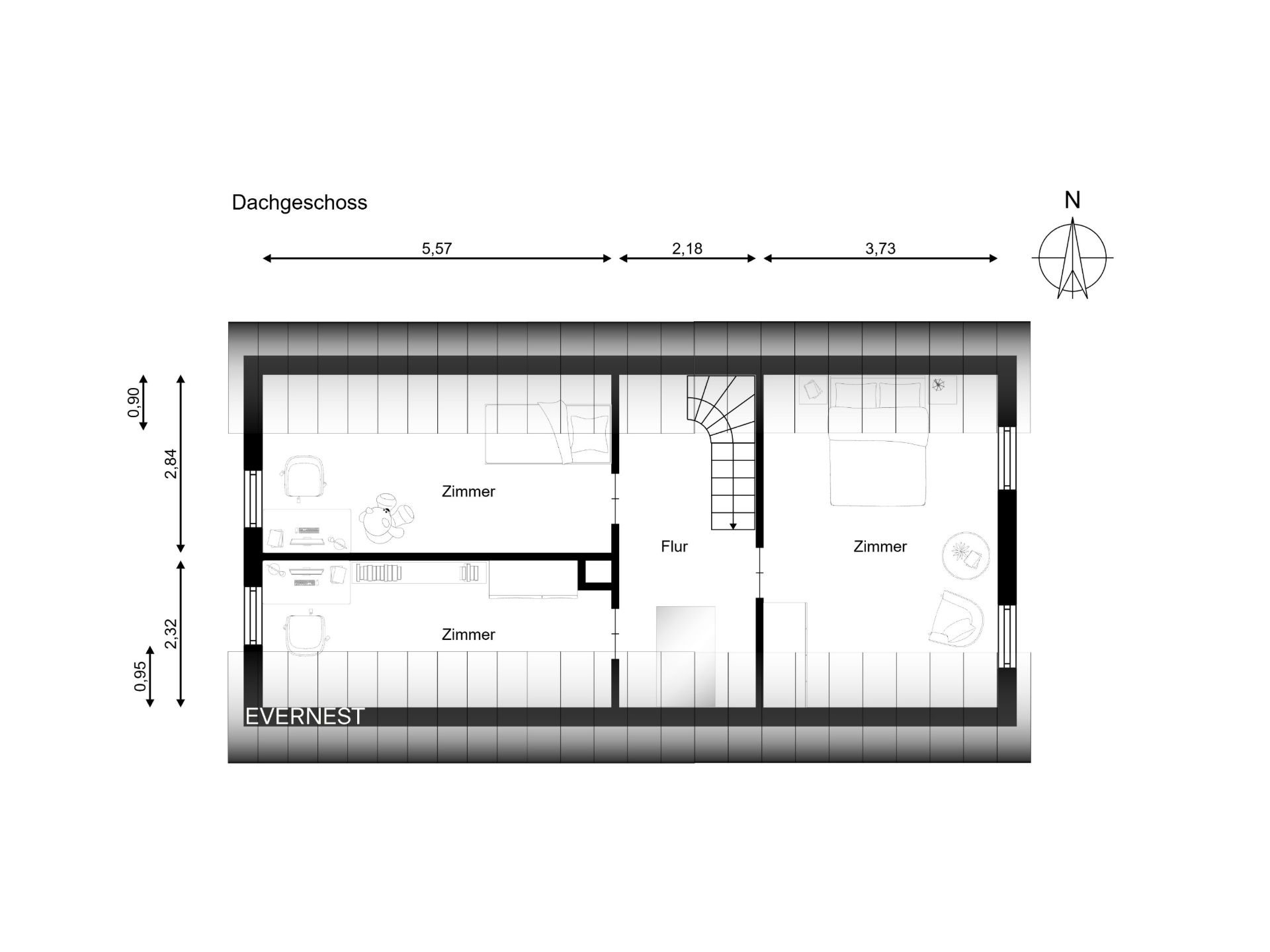 Grundriss eines Dachgeschosses mit Flur und drei Zimmern.