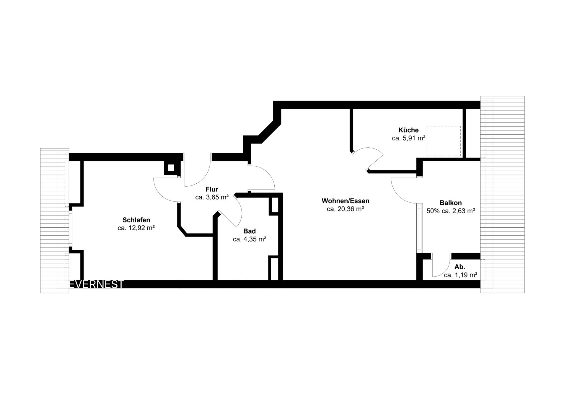 Grundriss einer Wohnung mit Schlafzimmer, Bad, Flur, Wohnen/Essen, Küche, Balkon und Abstellraum.