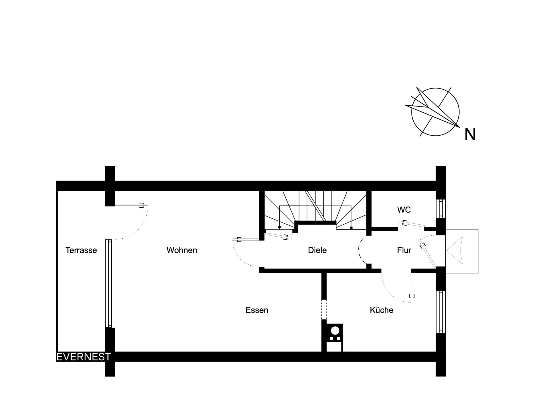 Grundriss mit Terrasse, Wohnen, Essen, Küche, WC, Diele und Flur.