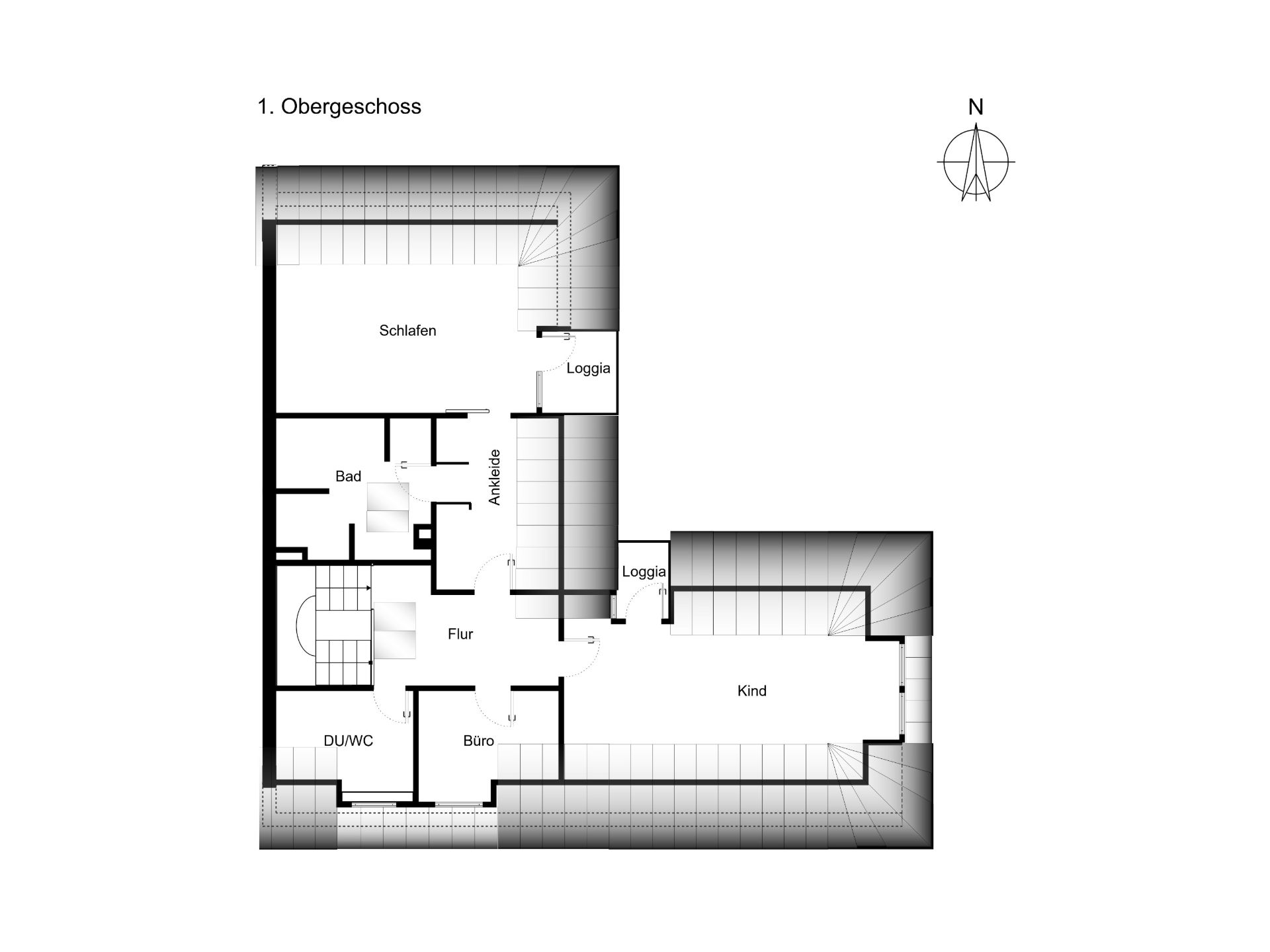 Grundriss des ersten Obergeschosses mit Schlaf-, Kinderzimmer, Bad, Büro und zwei Loggien.
