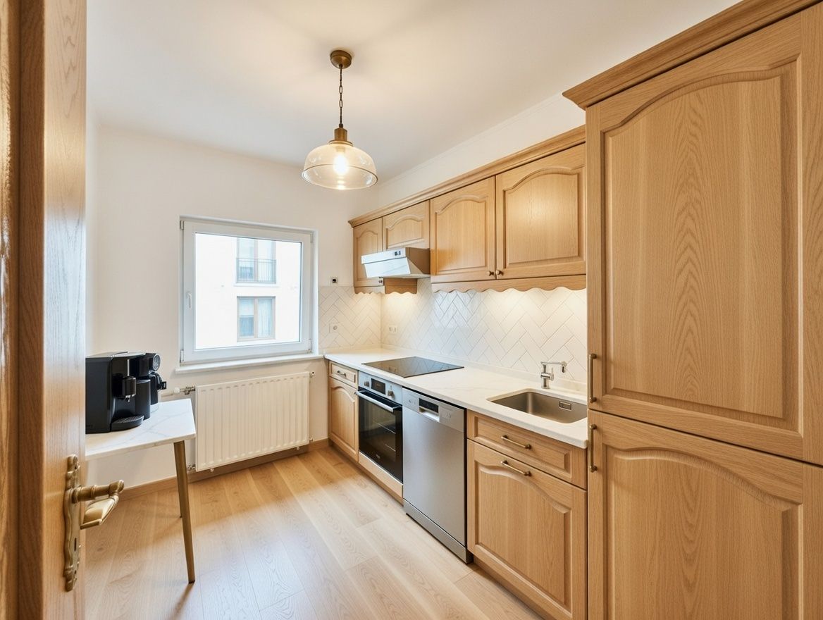 Helle Küche mit Holzschränken, Einbaugeräten, Spüle, Fenster und kleiner Arbeitsfläche.
